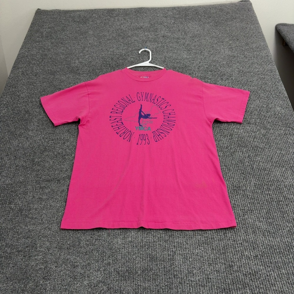 Vintage YMCA Gymnastics Hanes T Shirt Large Pink Cotton Graphic 1993 Retro Style